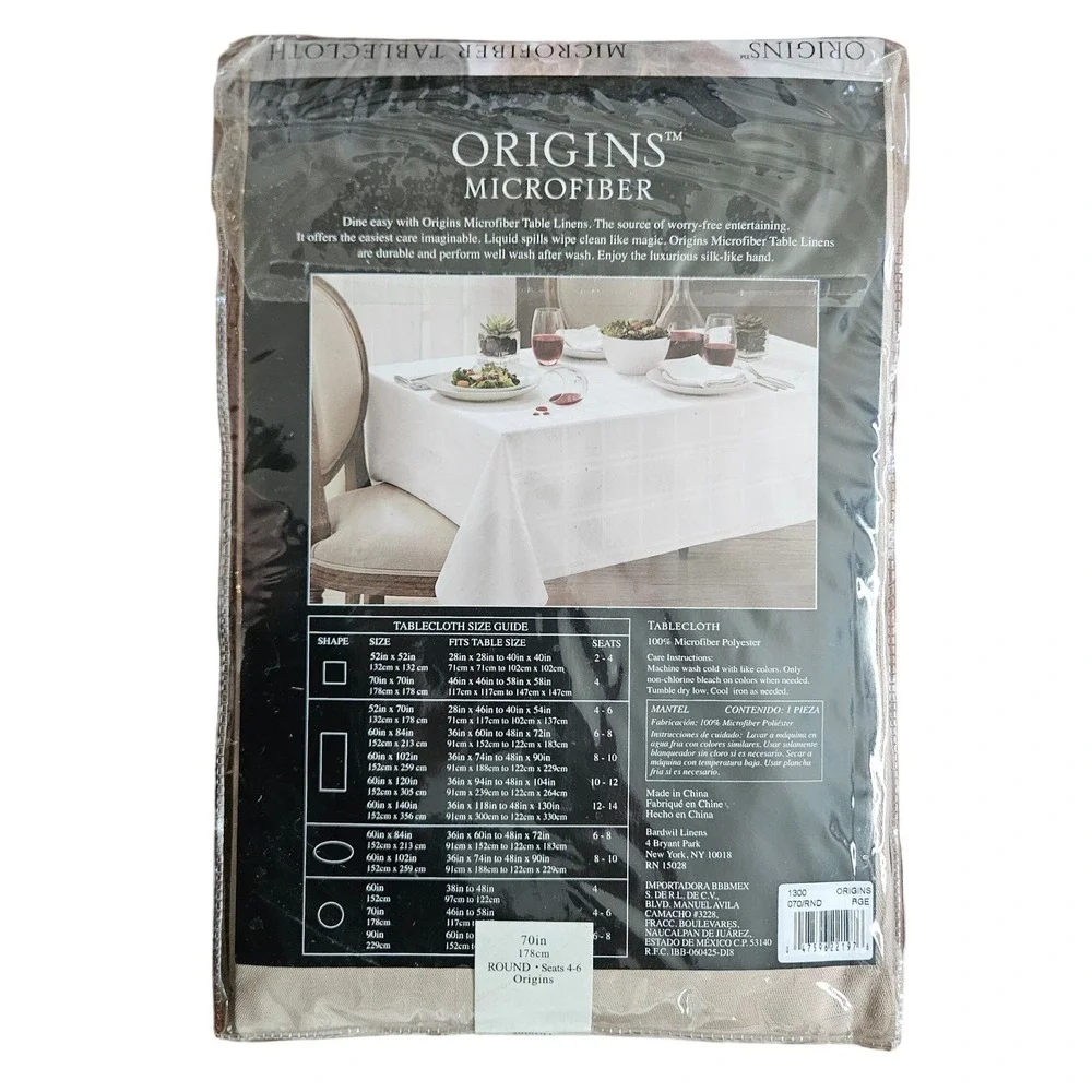 Origins Microfiber Tablecloth 70in Round Beige Spill Proof Grid Pattern NEW